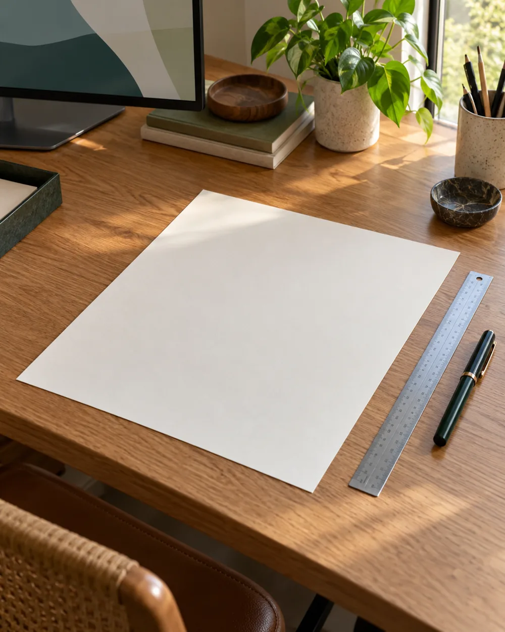 large blank sheet on broad oak desk with ruler and capped pen