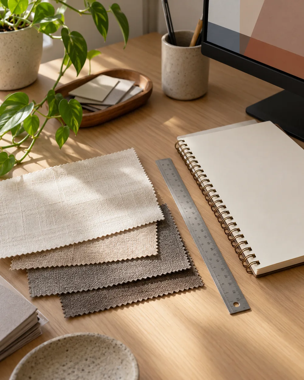 plain neutral fabric swatches beside ruler and blank notebook
