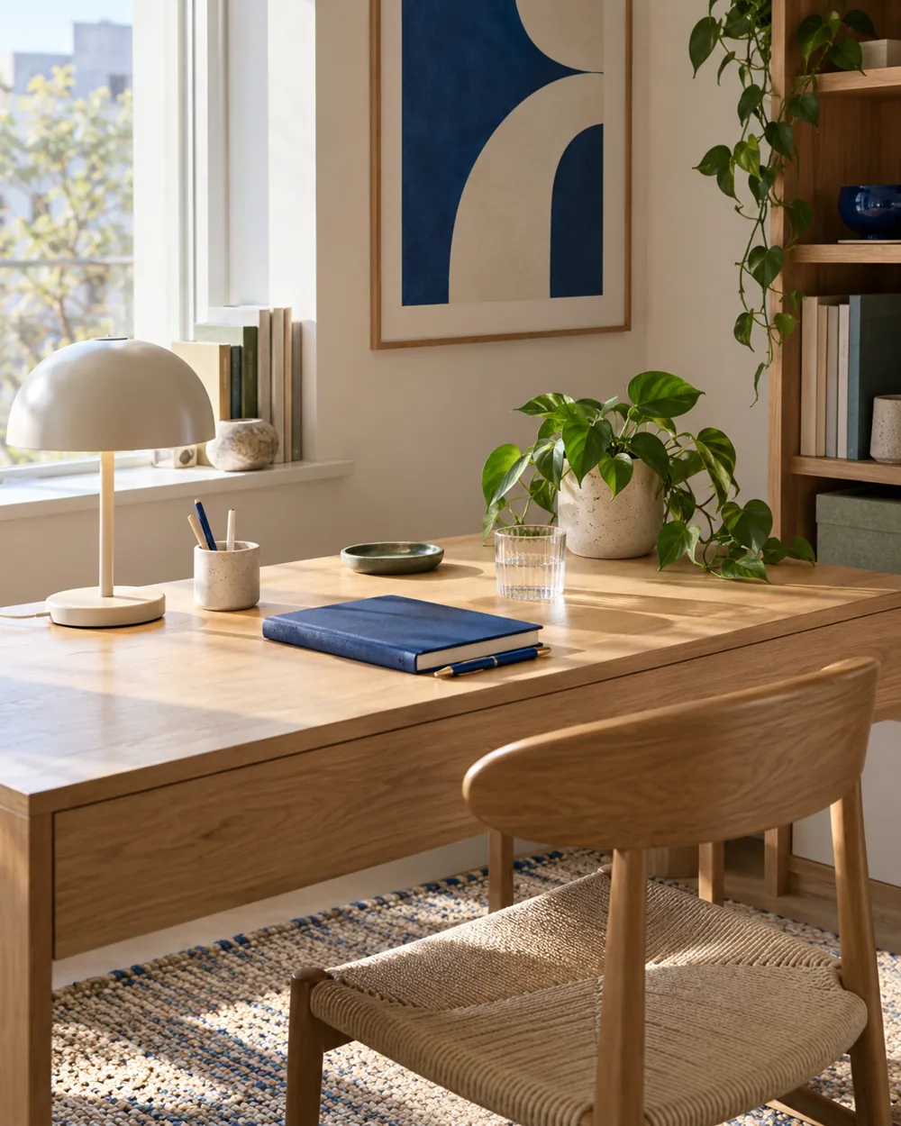small oak writing desk with closed notebook pen and simple lamp