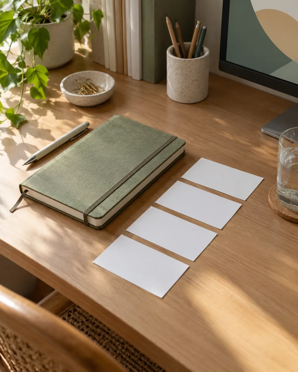 blank index cards in a clear row beside closed notebook