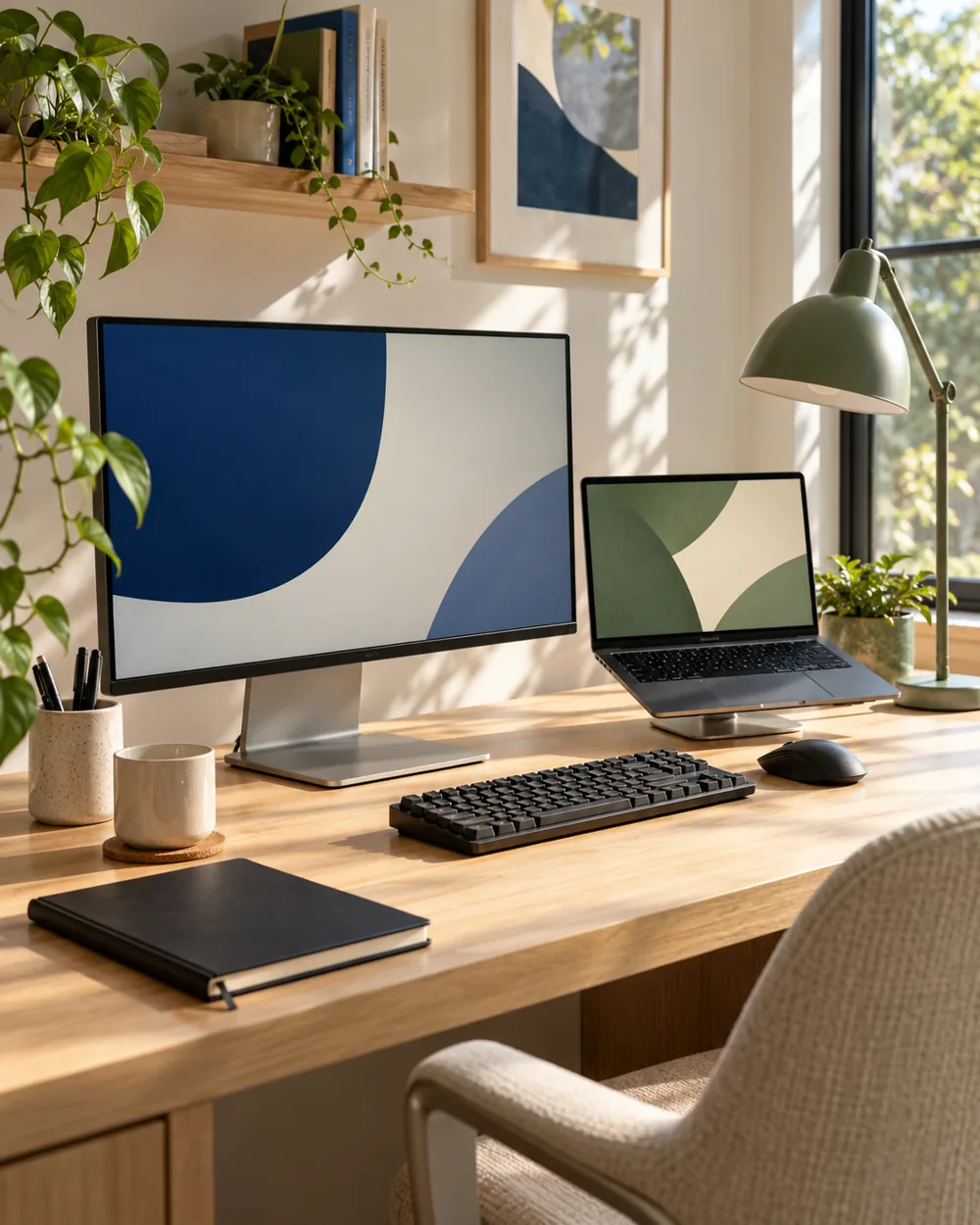 light desk surface with dark plain keyboard notebook and lamp