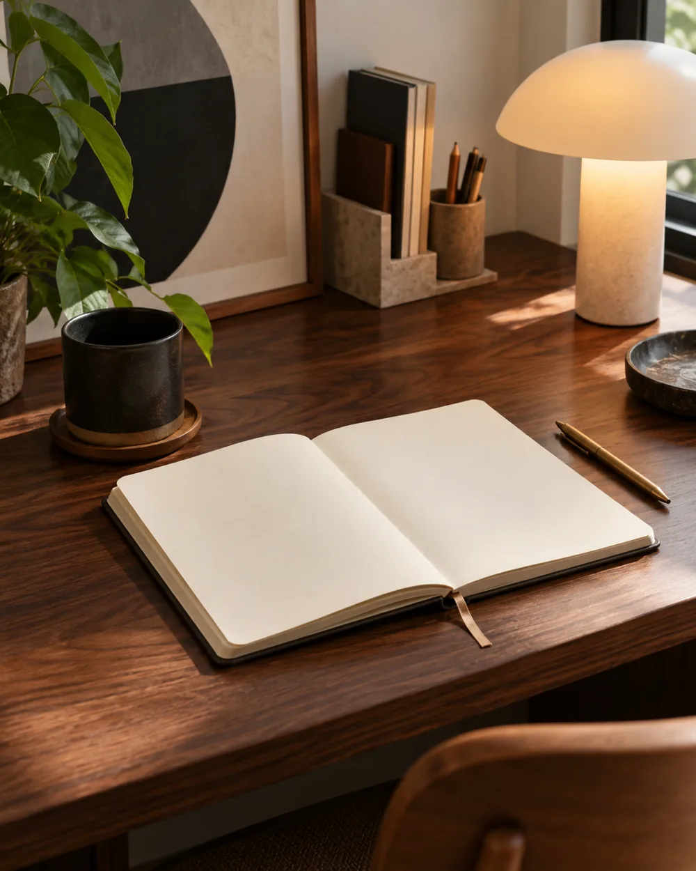 cream blank notebook on dark walnut desk beside simple lamp