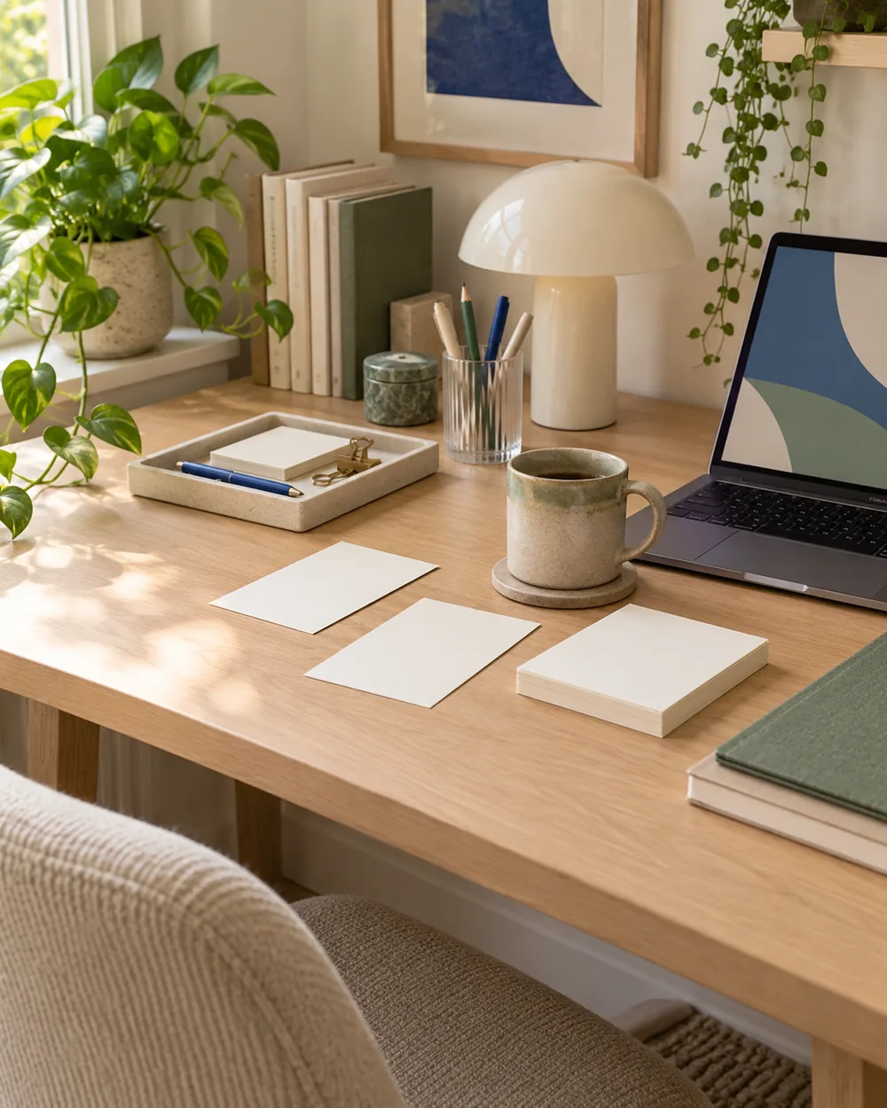 plain desk accessories and blank photo cards on clean tabletop