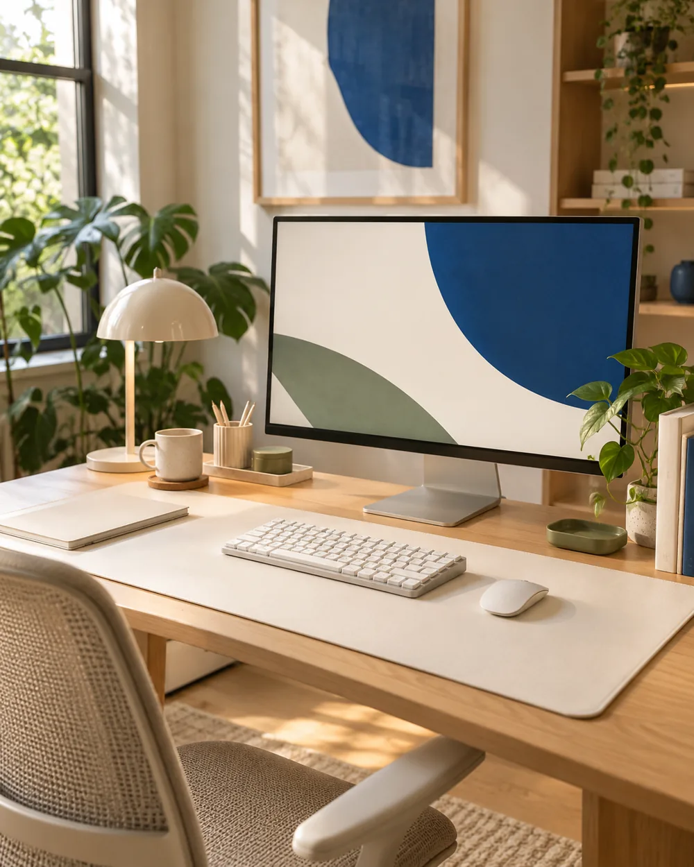 warm white desk mat, oak tabletop, plain keyboard and blank-screen monitor