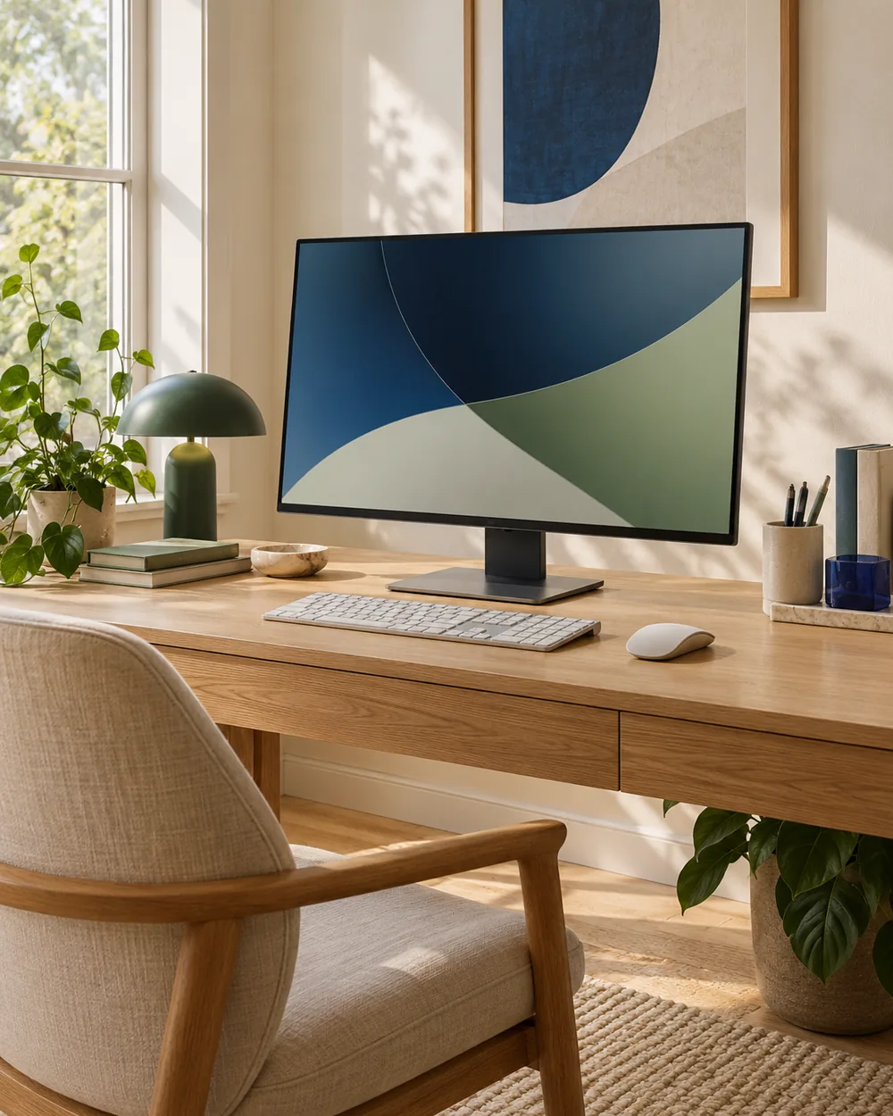 plain monitor with dark abstract screen angled away from room reflection