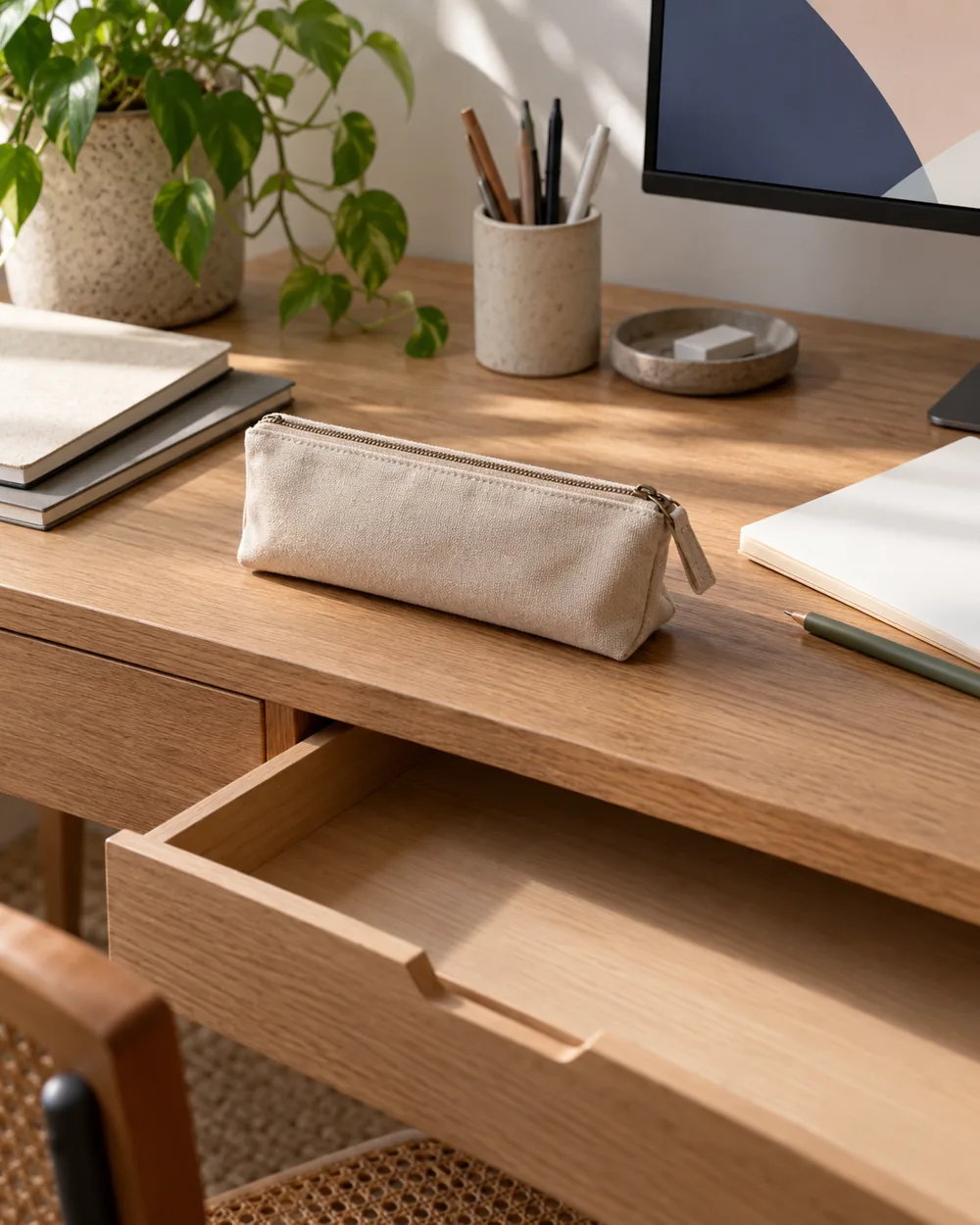 plain pencil pouch beside open empty shallow desk drawer