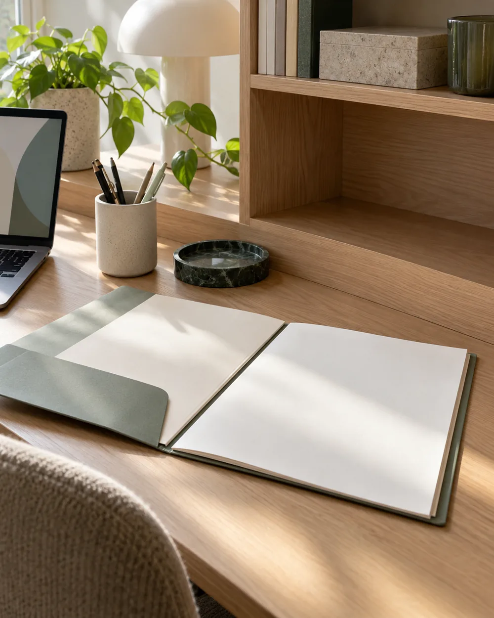 plain open folder beside empty shelf opening at desk
