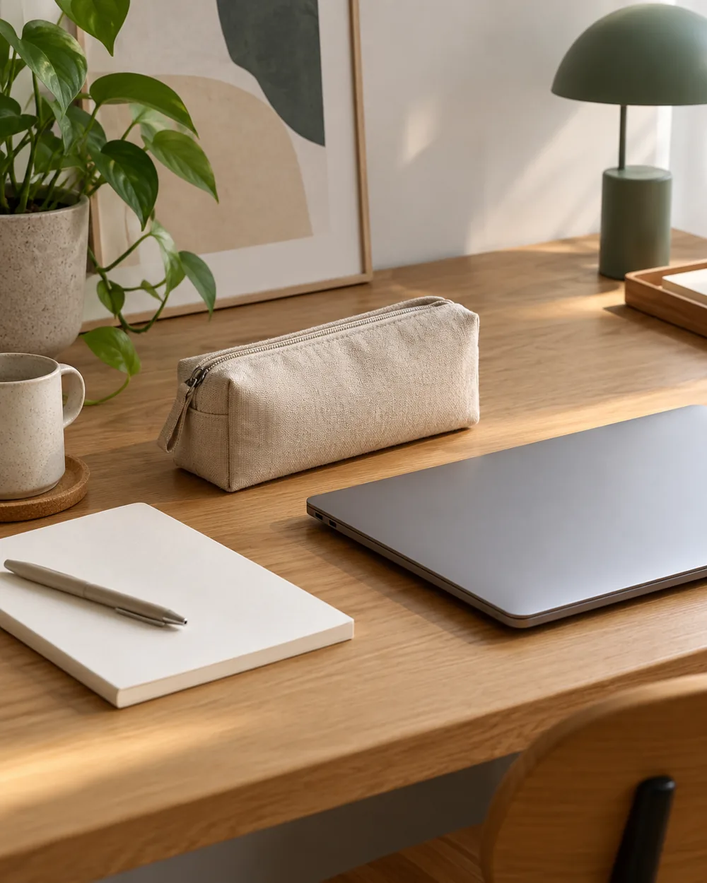 plain fabric pouch beside closed laptop on clean oak desk