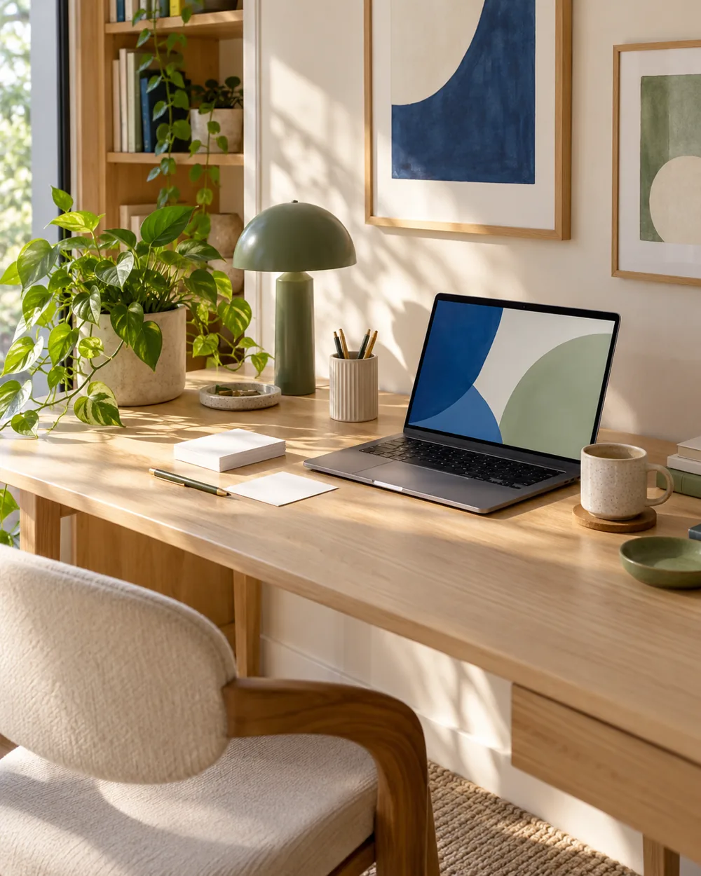 plain desk with blank reference cards and laptop abstract screen