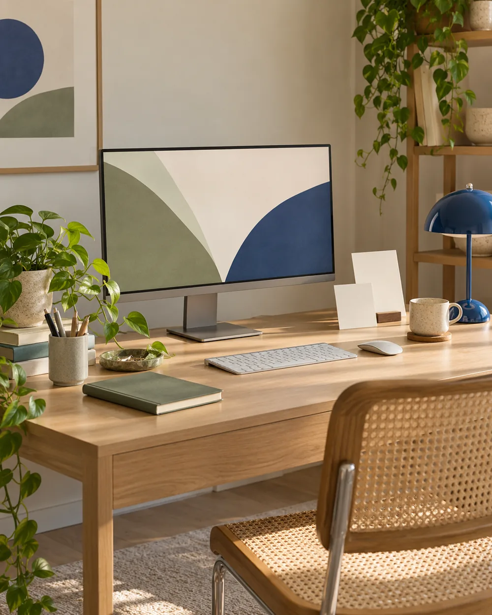 simple desk with plain monitor and blank photo cards beside it