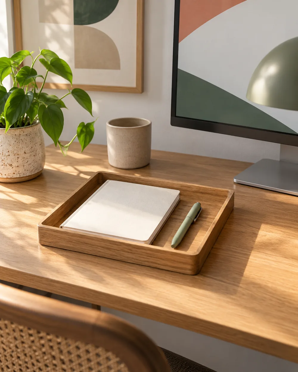 plain small open tray with notebook and capped pen on clear desk