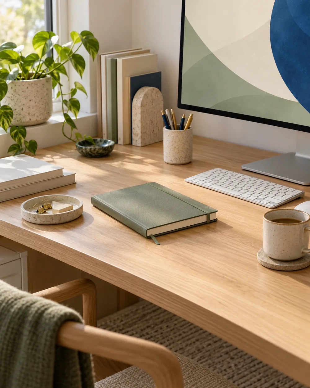 sage notebook beside neutral desk accessories and plain monitor