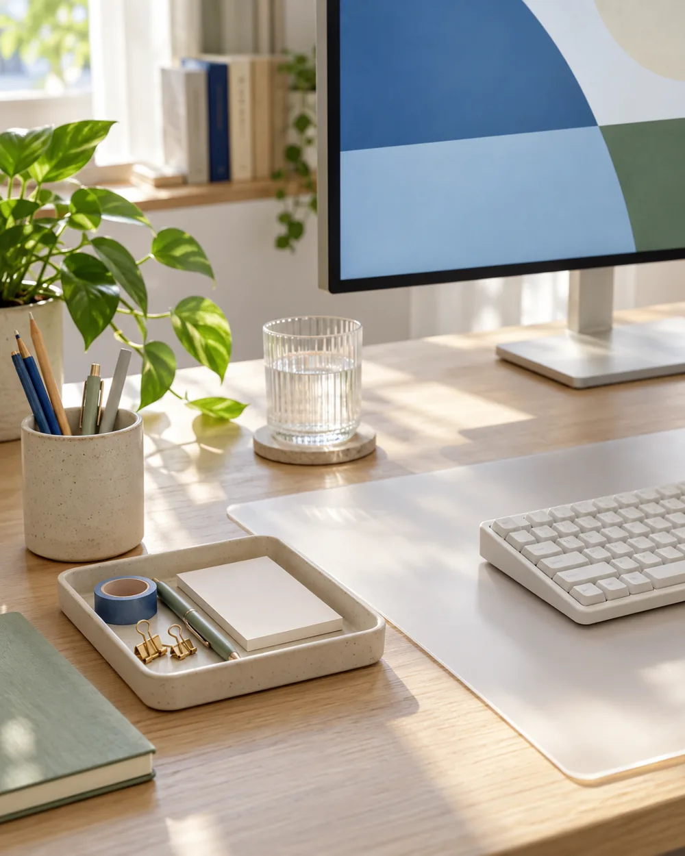 small shallow tray beside clear desk mat and plain keyboard
