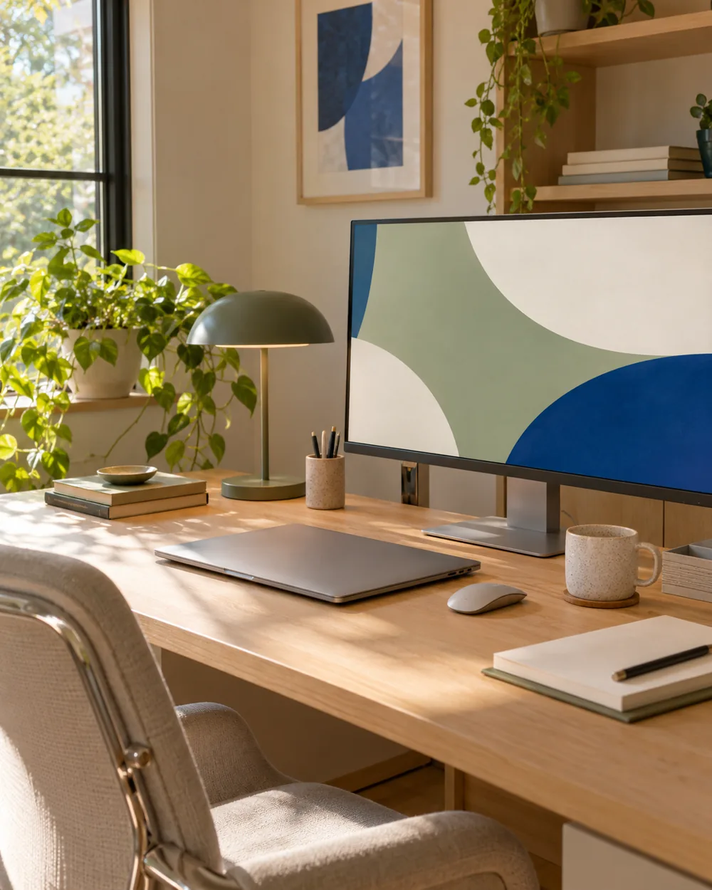 closed plain laptop in appropriate broad desk space beside monitor