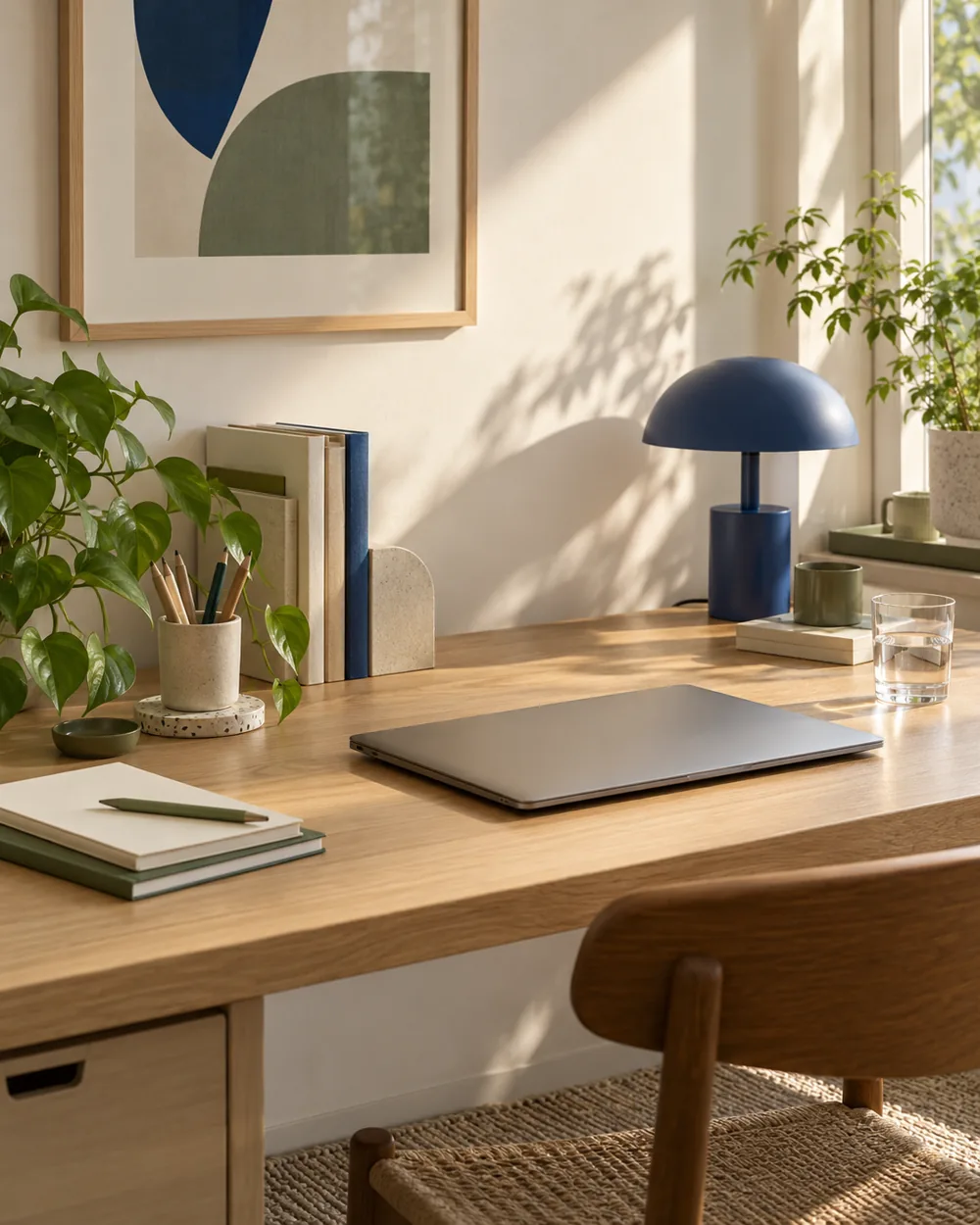 empty desk with closed plain laptop facing clean neutral wall, no camera view or people