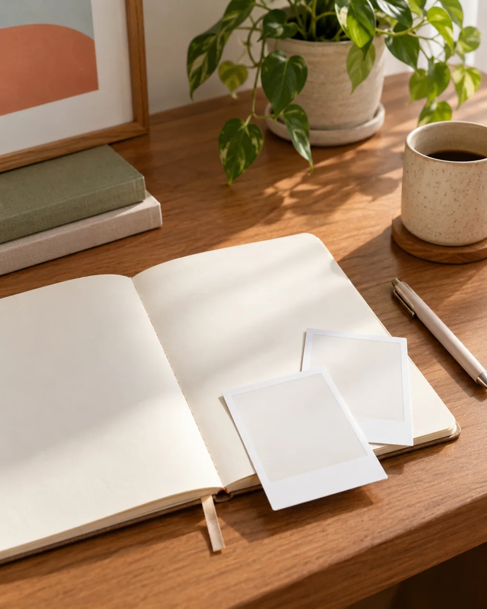 two blank paper photo cards and open blank notebook on desk