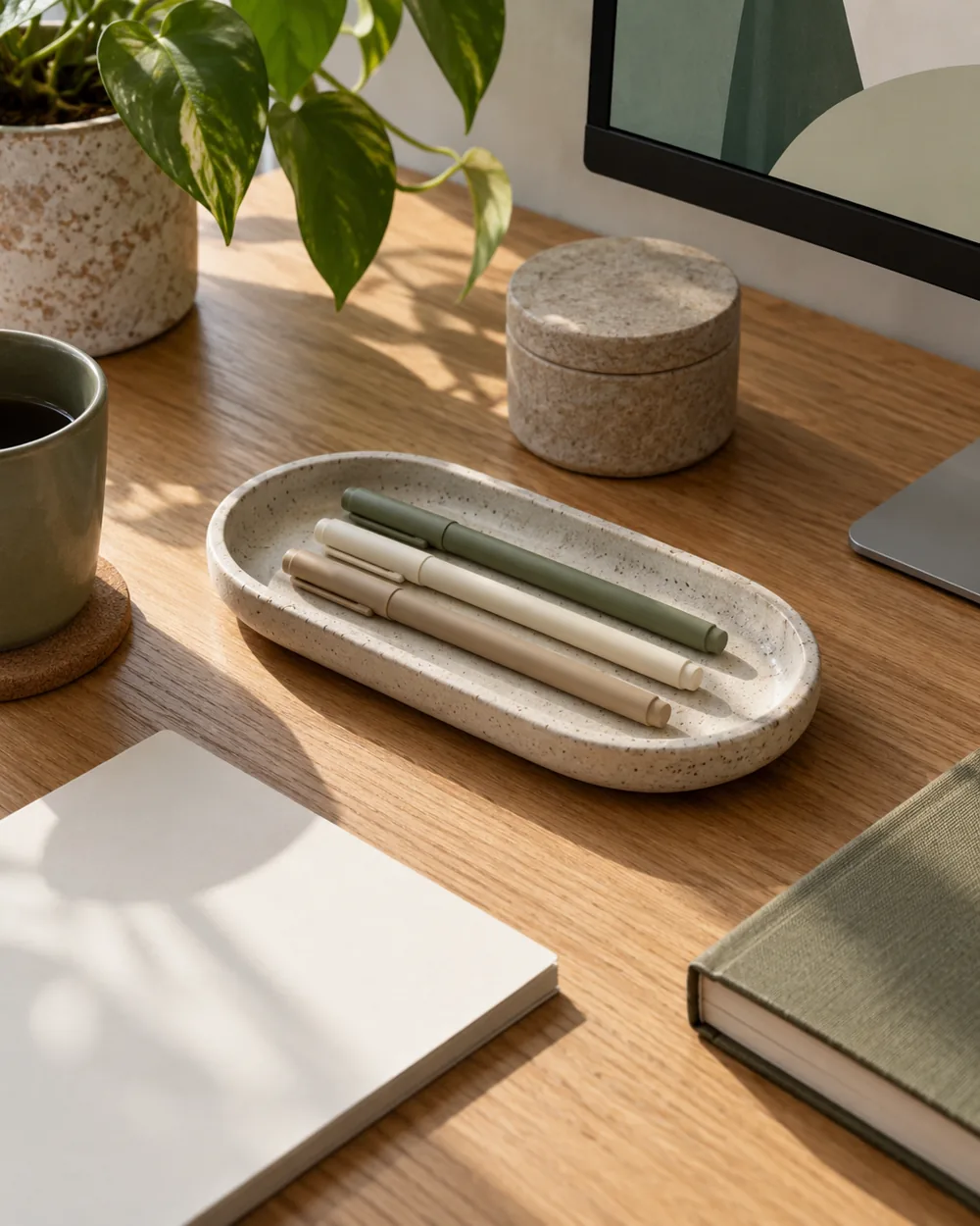 three capped plain pens in shallow ceramic tray on oak desk