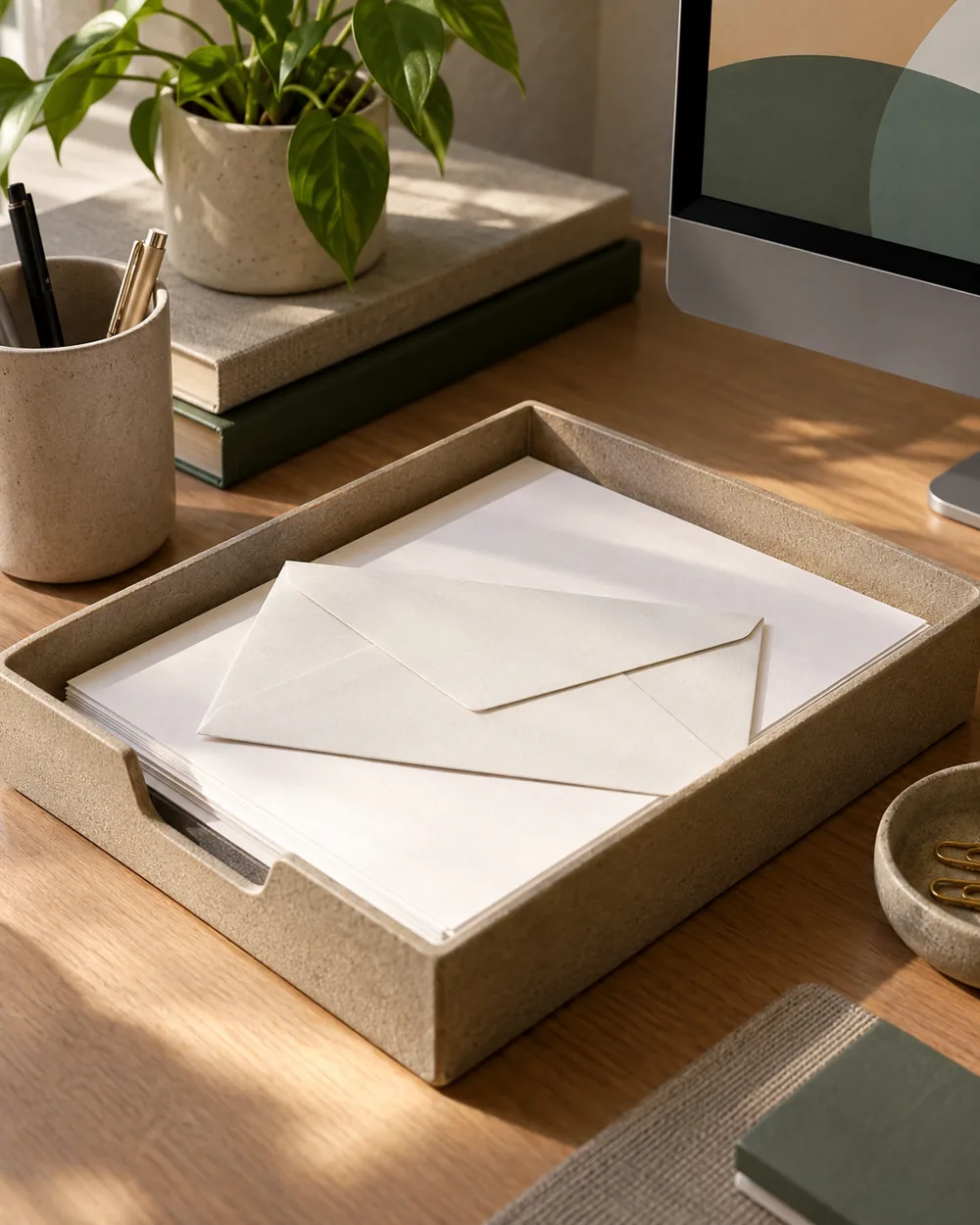 plain paper envelope and blank sheets in one desk tray