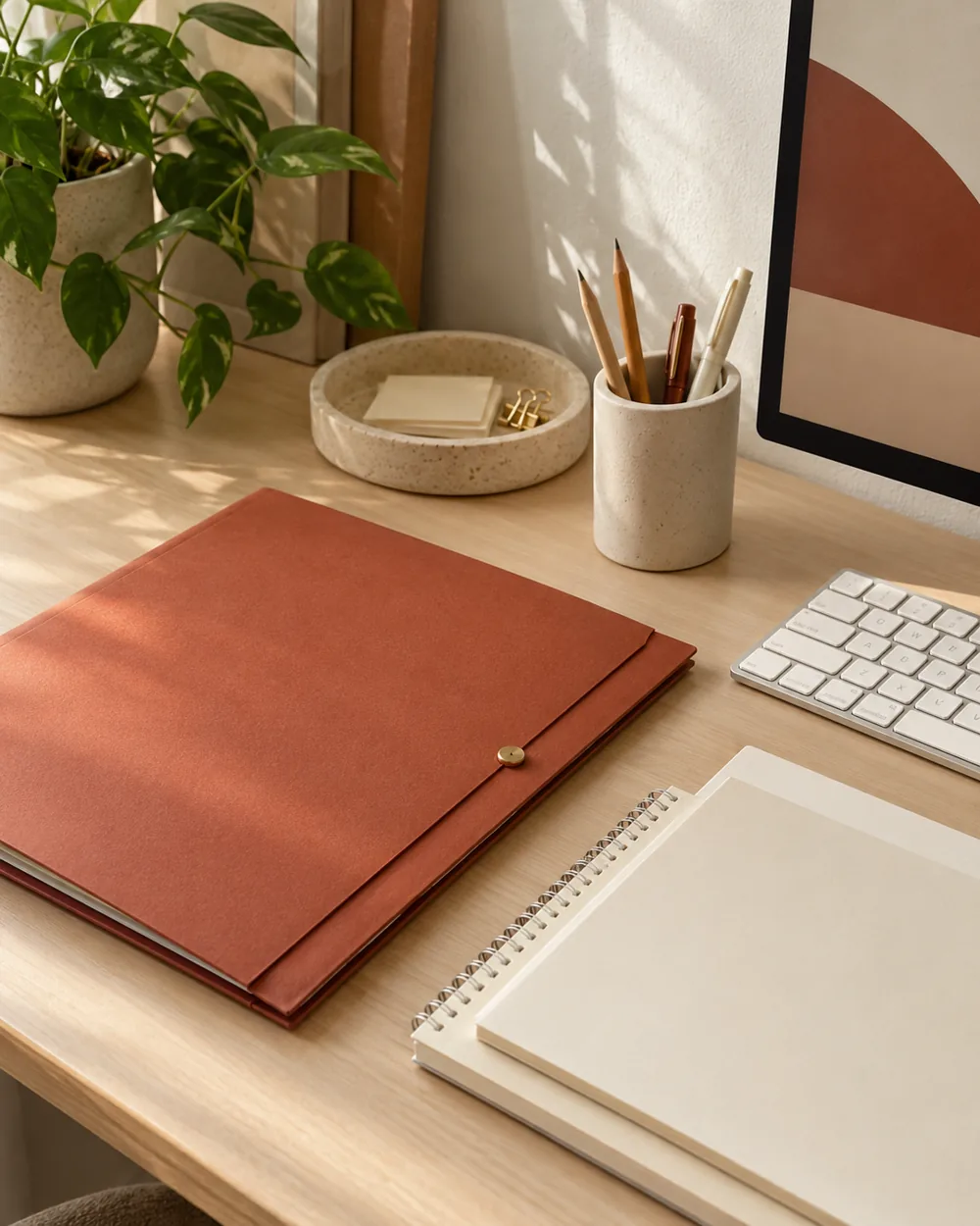 muted rust folder beside cream stationery and plain keyboard