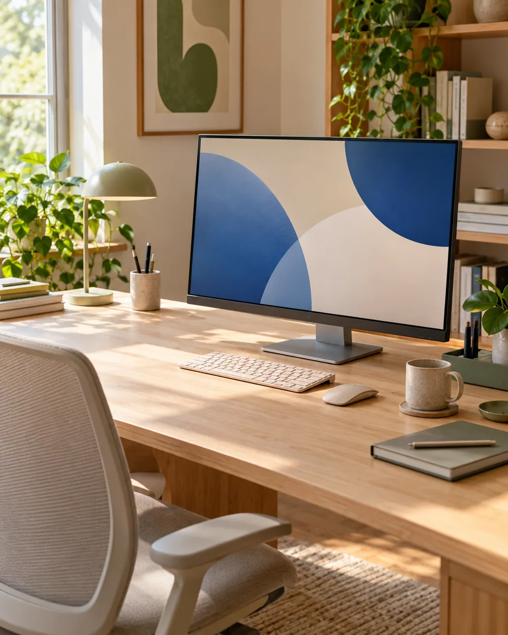 plain monitor offset on broad neutral desk beside empty working space