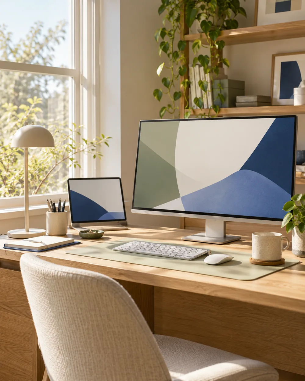 neutral desk near window with soft daylight and abstract monitor screen
