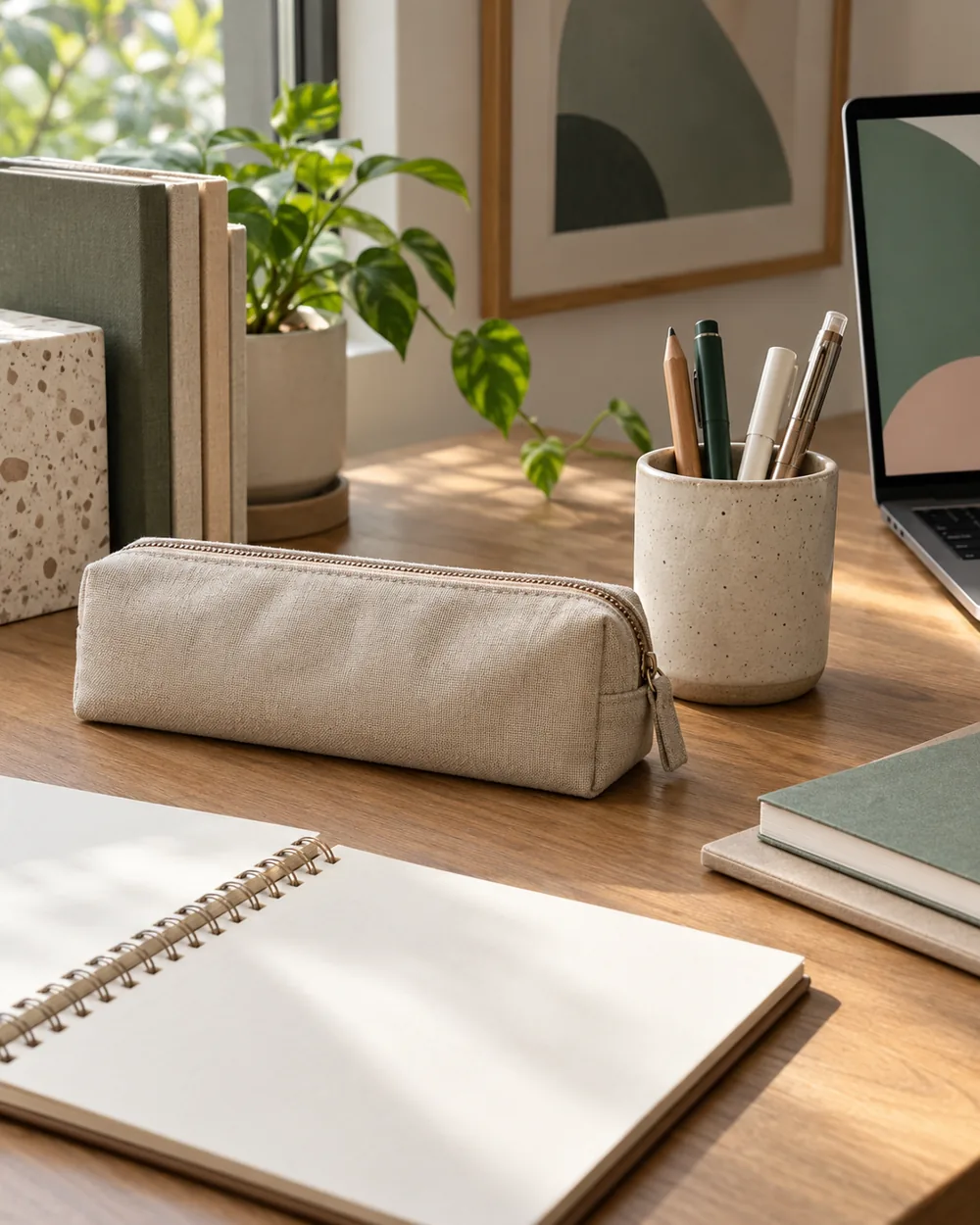 plain fabric pencil case and ceramic pen holder on clear desk