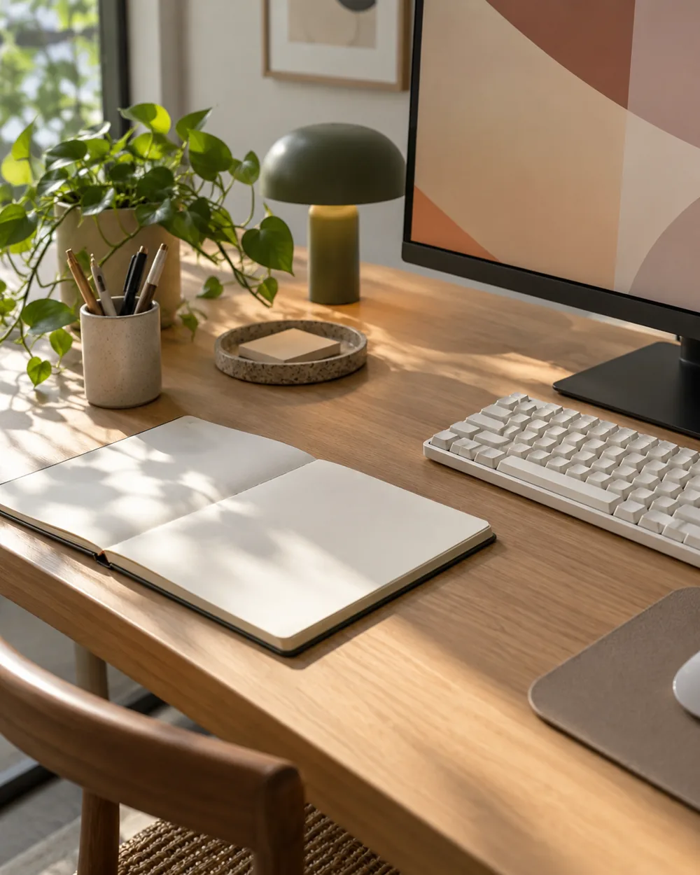 blank notebook at one side of plain keyboard on broad desk