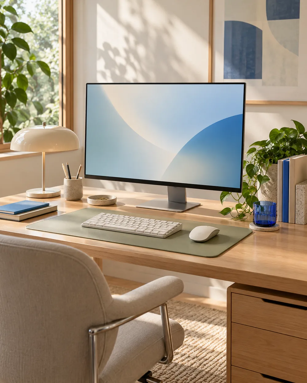 plain monitor displaying pale mist blue to cream abstract gradient, no text