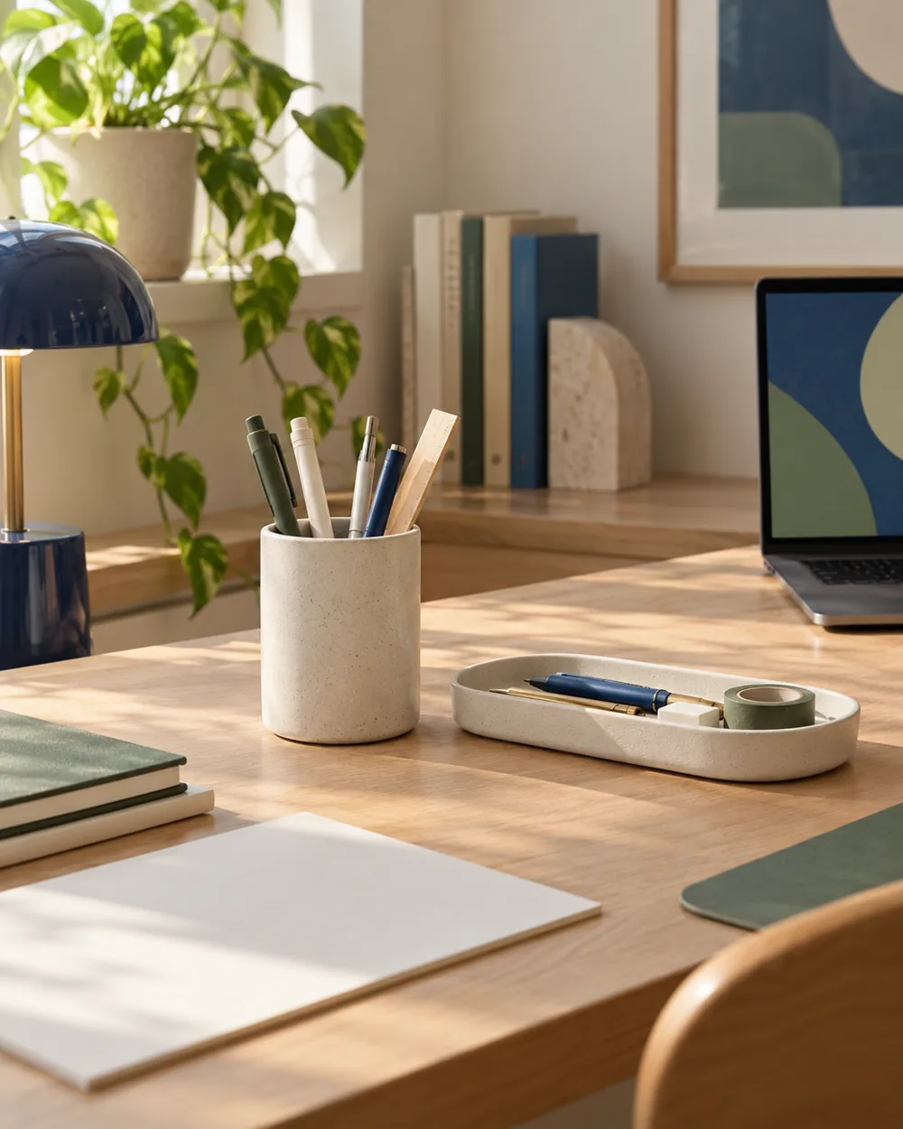 plain ceramic pen cup beside shallow pen tray on desk