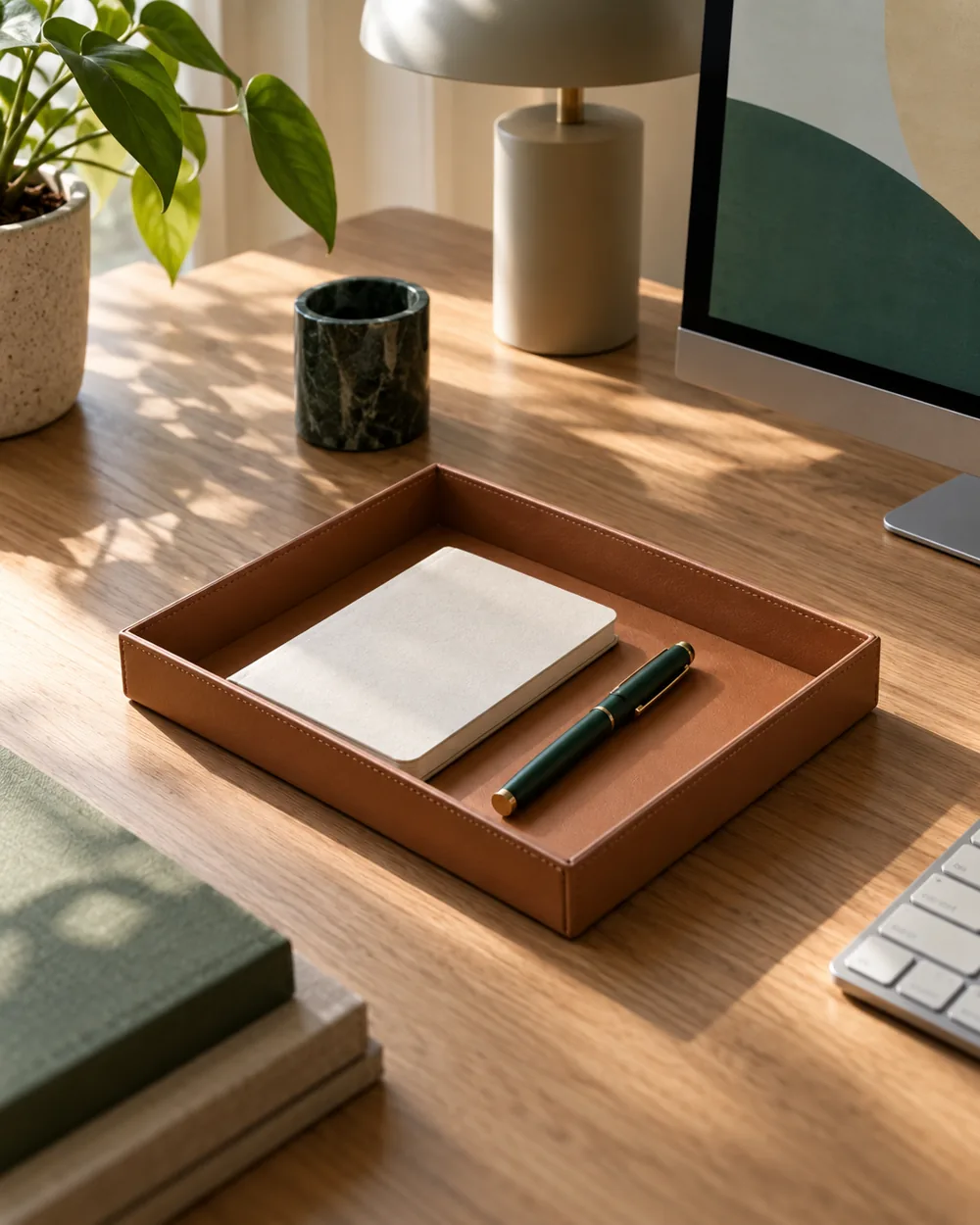 plain open tray with capped pen and small notebook on desk