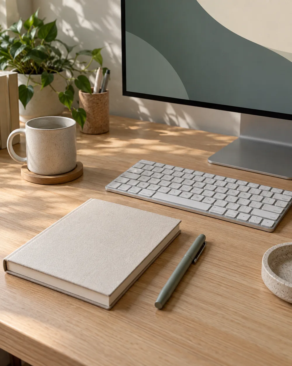 plain keyboard closed notebook and capped pen on broad desk