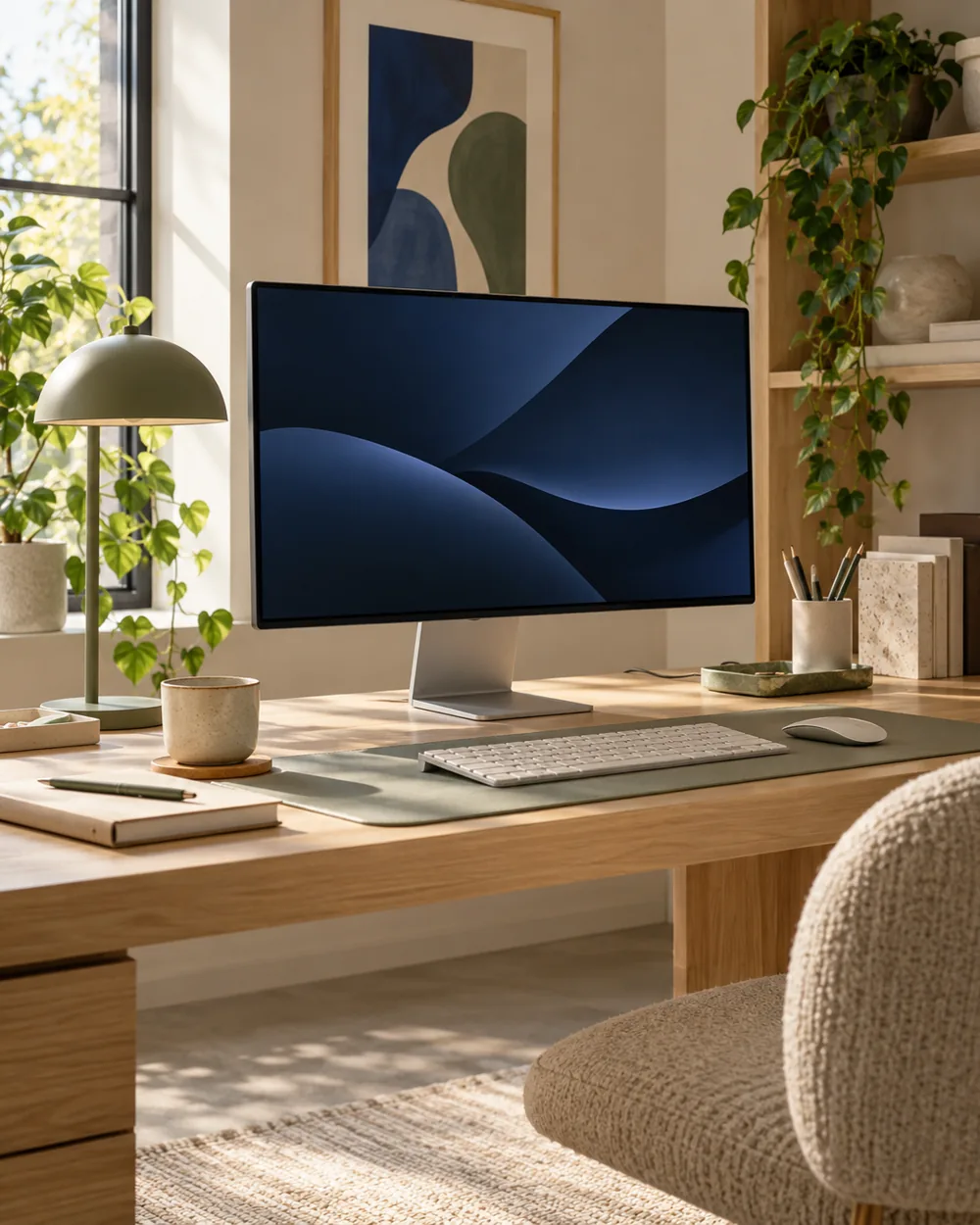 plain monitor displaying dark ink abstract curved wave wallpaper, no icons text