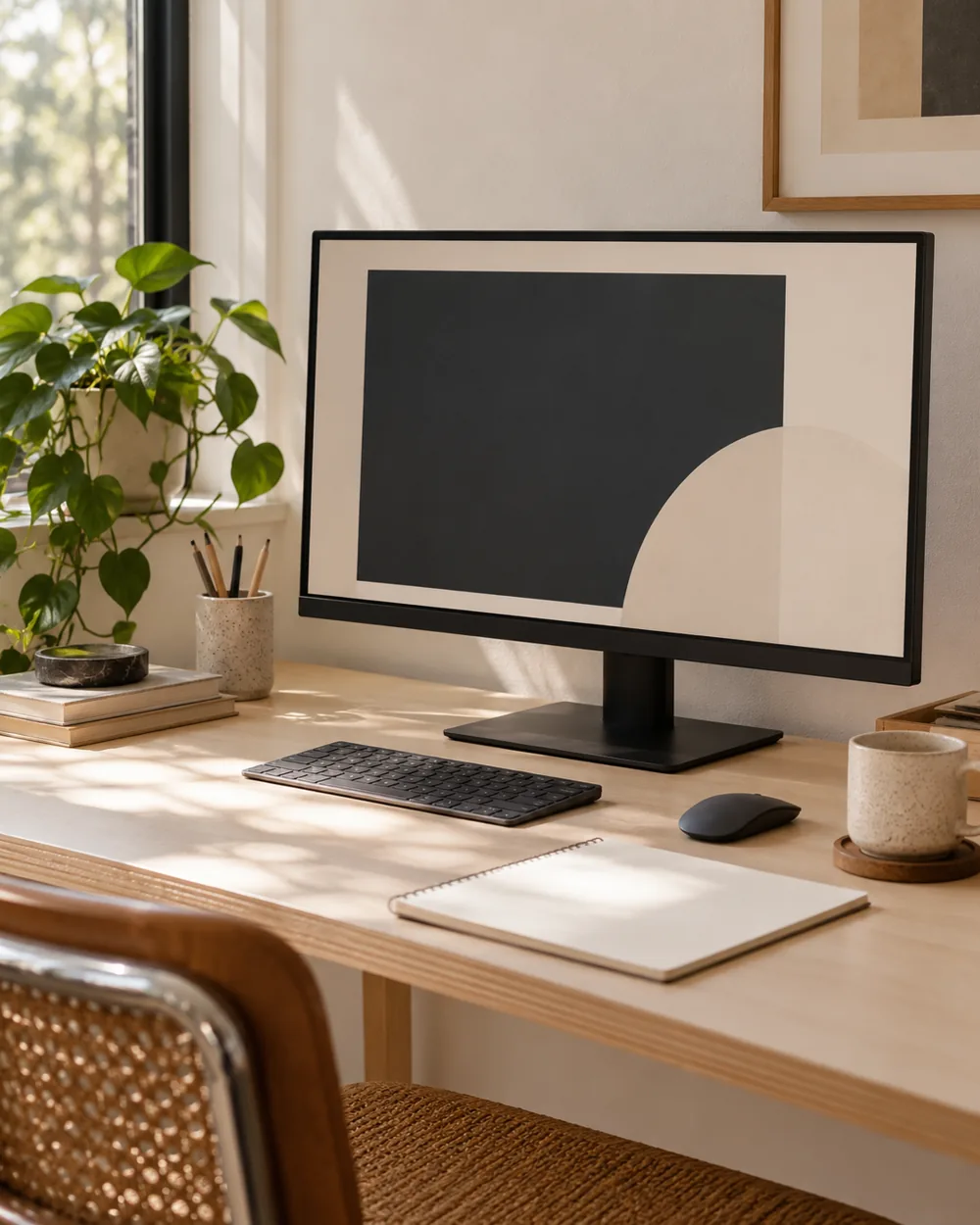plain monitor showing dark rectangular frame on cream beside light desk surface