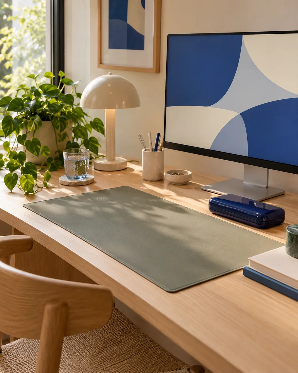 matte desk mat beside reflective closed plain accessory case on desk