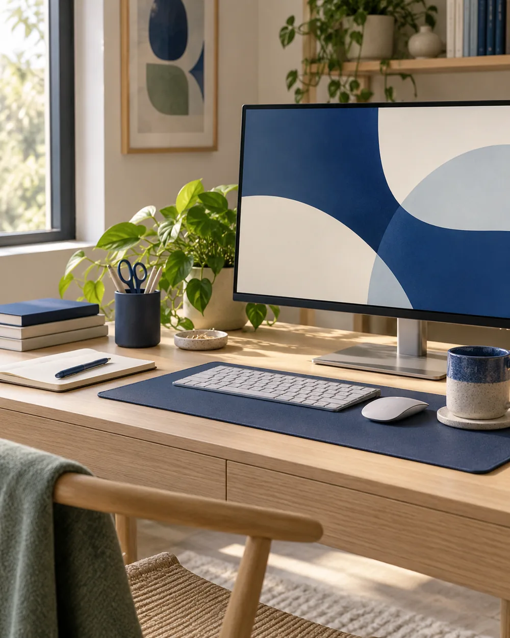 navy and light gray desk accessories beside plain monitor with abstract screen