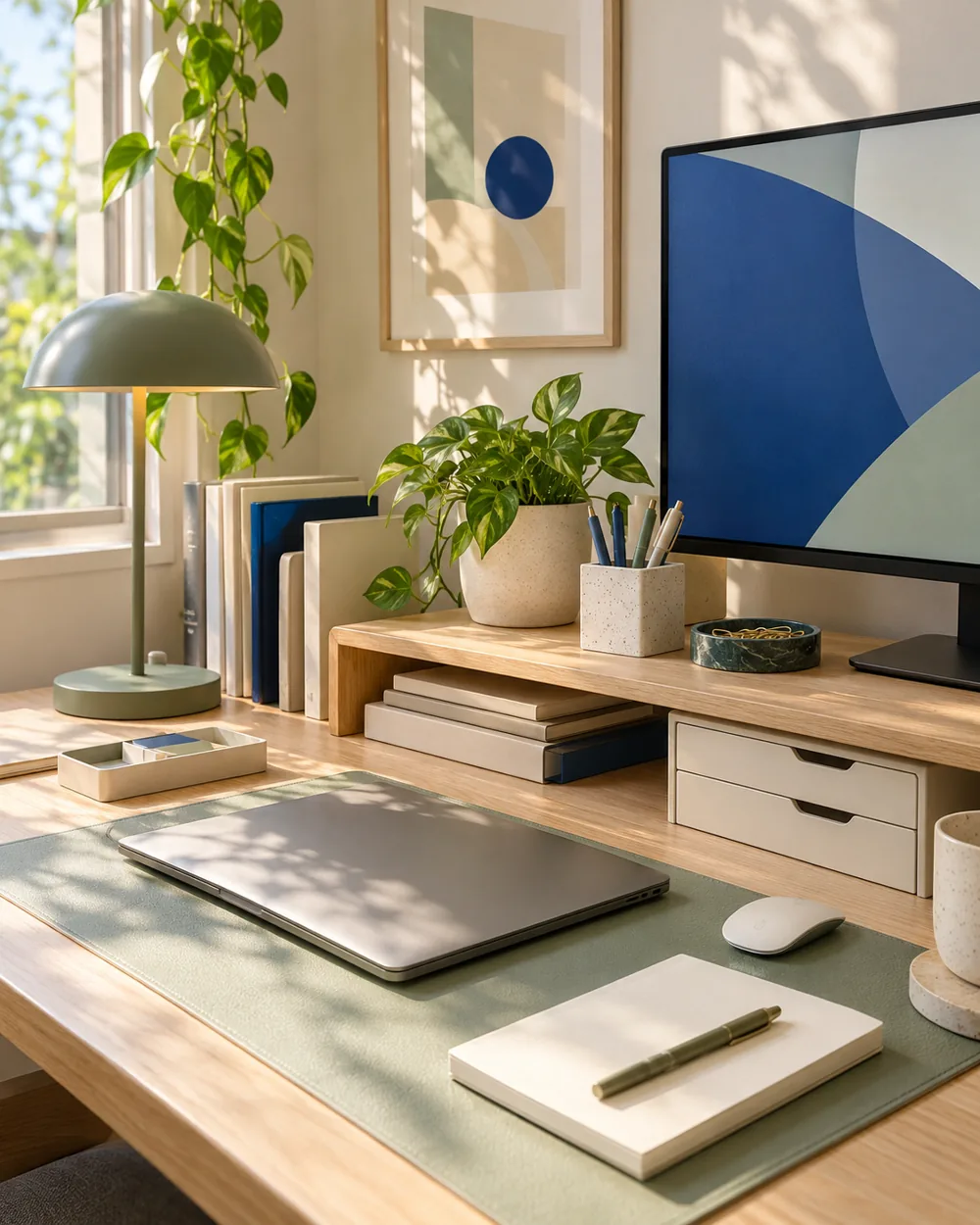 desk shelf beside separate plain small organizers on broad tabletop