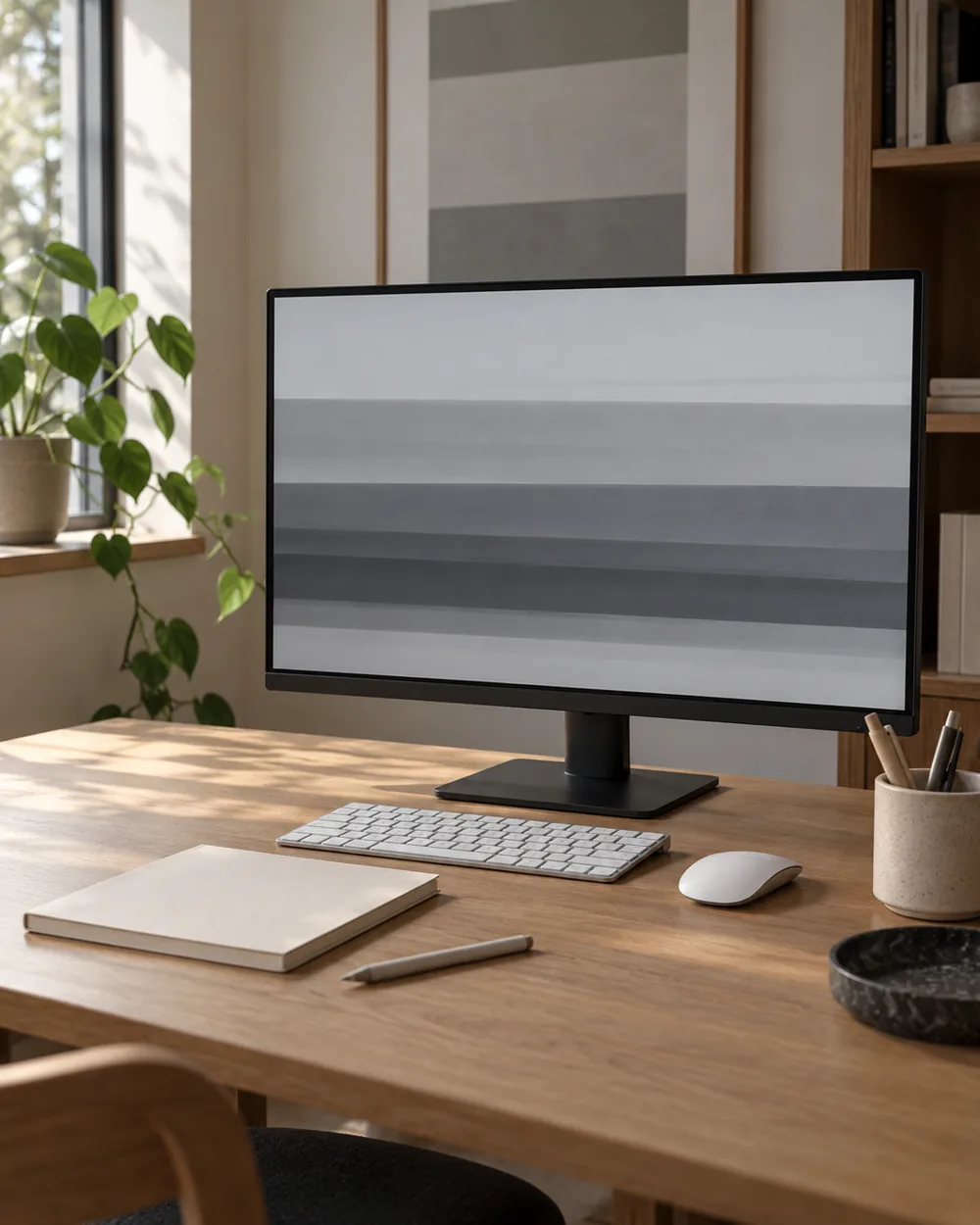 plain monitor displaying abstract gray horizontal bands on oak desk
