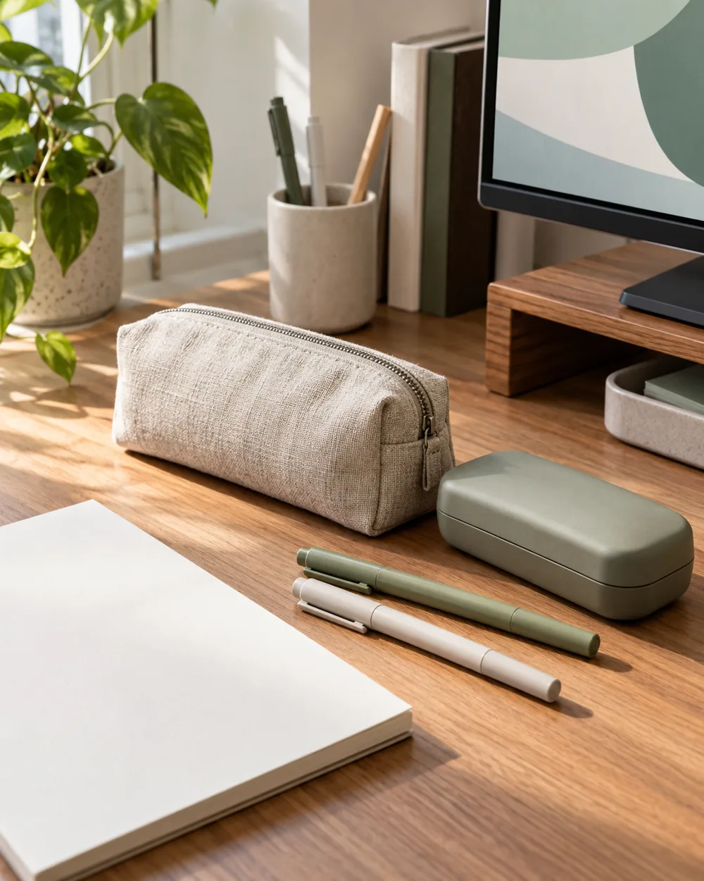 plain fabric pouch and rigid closed case beside capped pens on desk