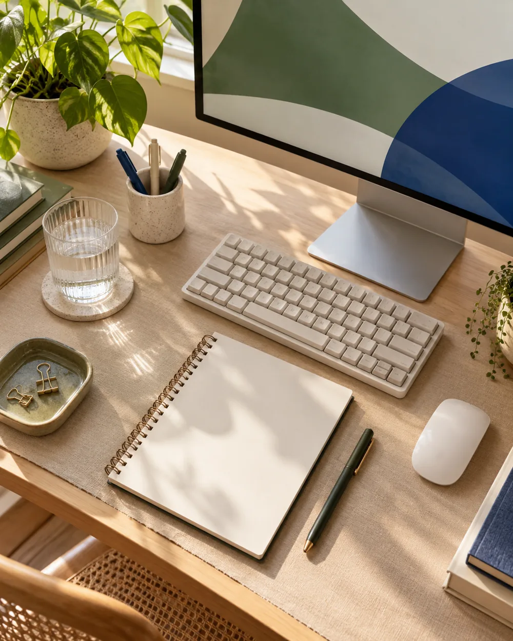 neutral tabletop with plain keyboard notebook and mouse from overhead