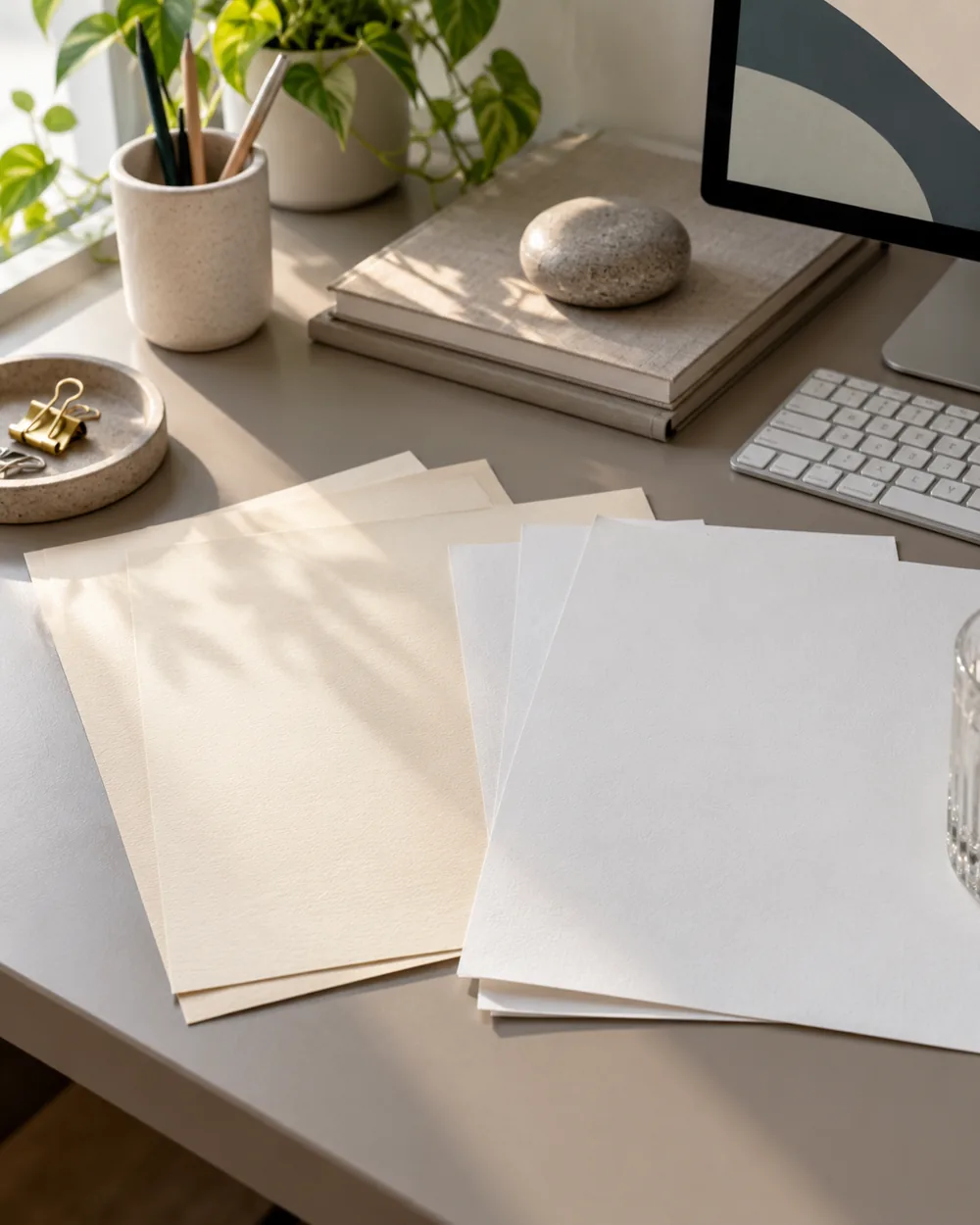 warm cream and cool white blank paper samples on neutral desk