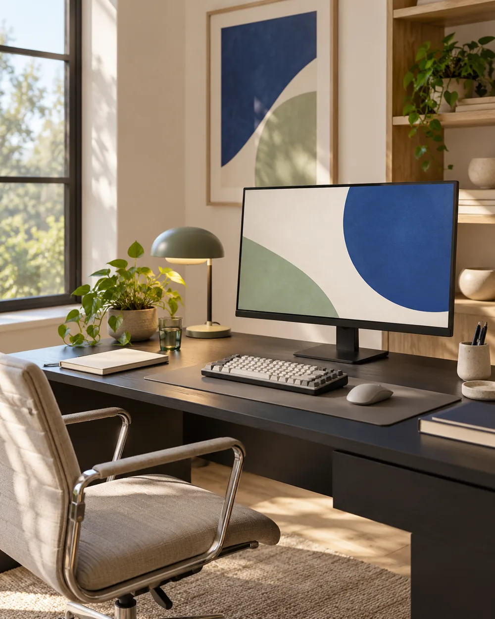 dark charcoal desk with plain keyboard lamp and abstract light screen