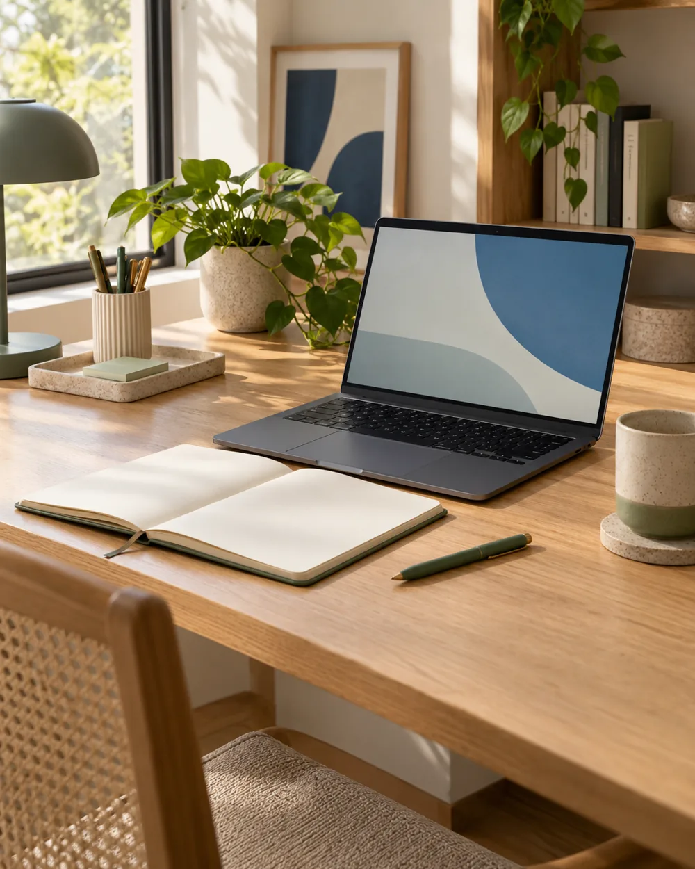 plain laptop with abstract blank desktop beside blank file review notebook