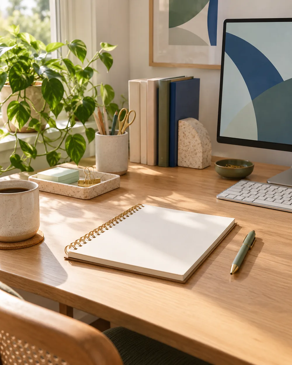 blank planning page beside existing plain desk accessories