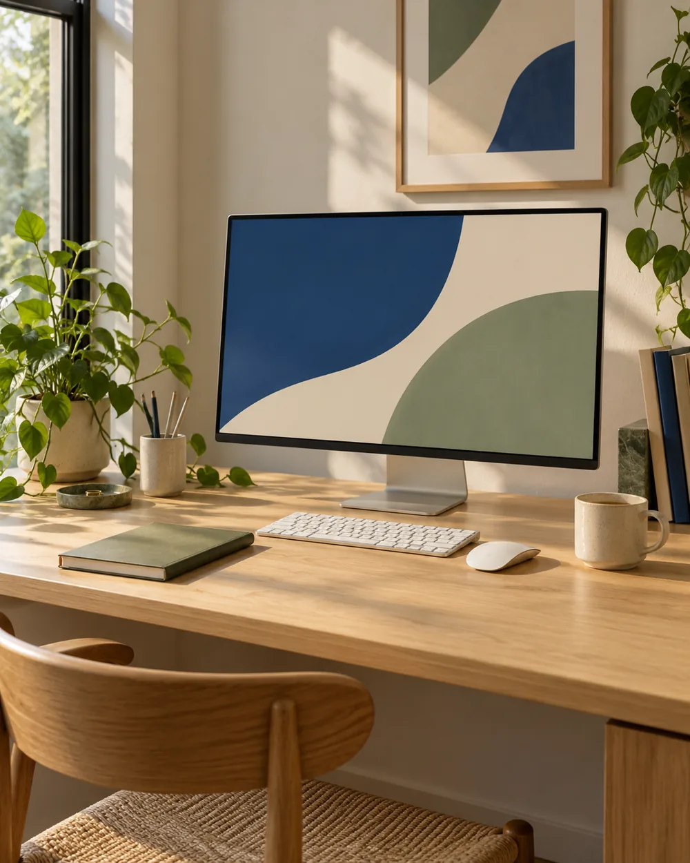 plain monitor with abstract screen beside closed notebook