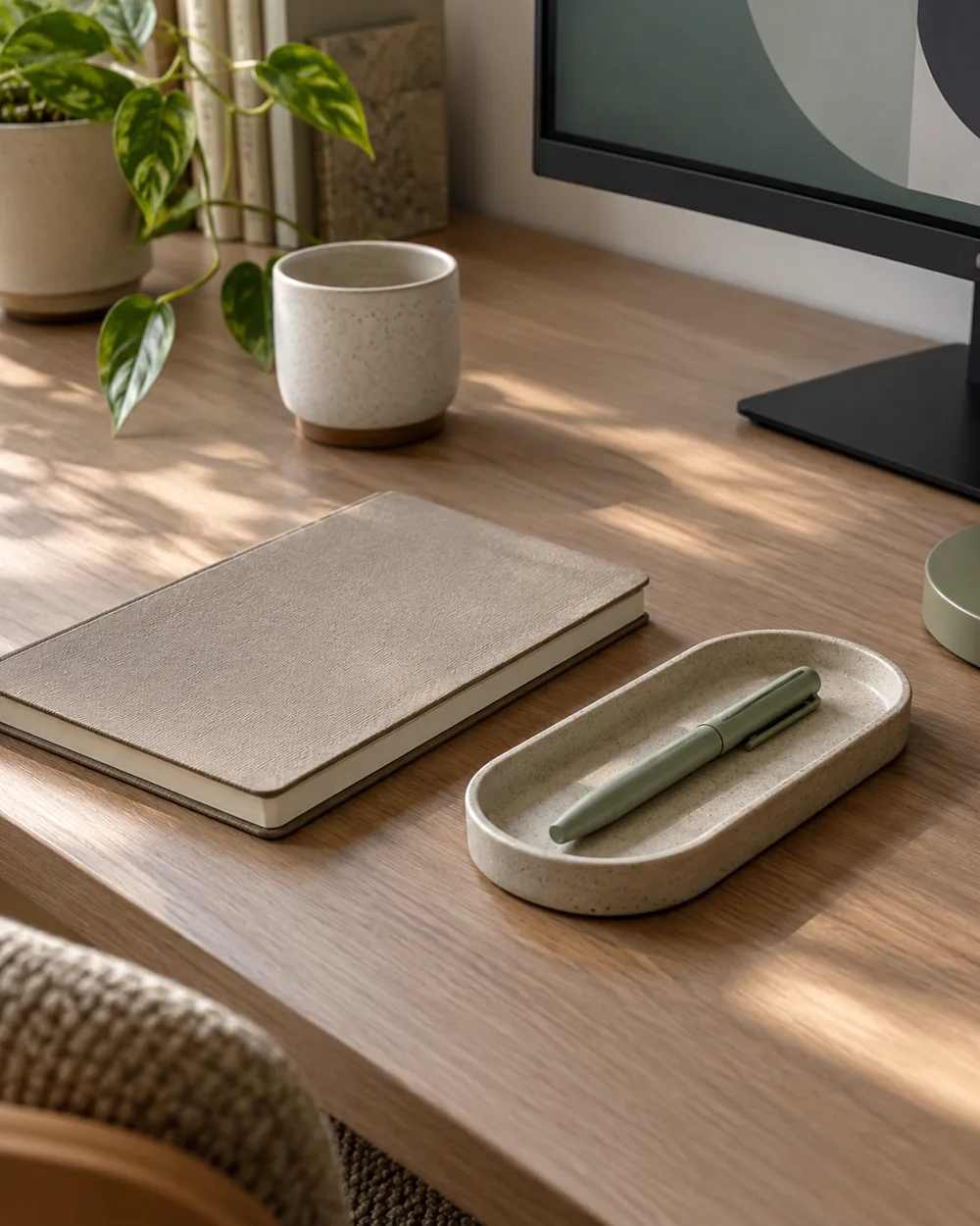 single capped plain pen resting in small tray beside closed notebook
