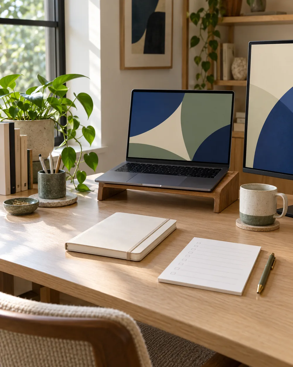clear shared desk with closed plain notebook and blank checklist