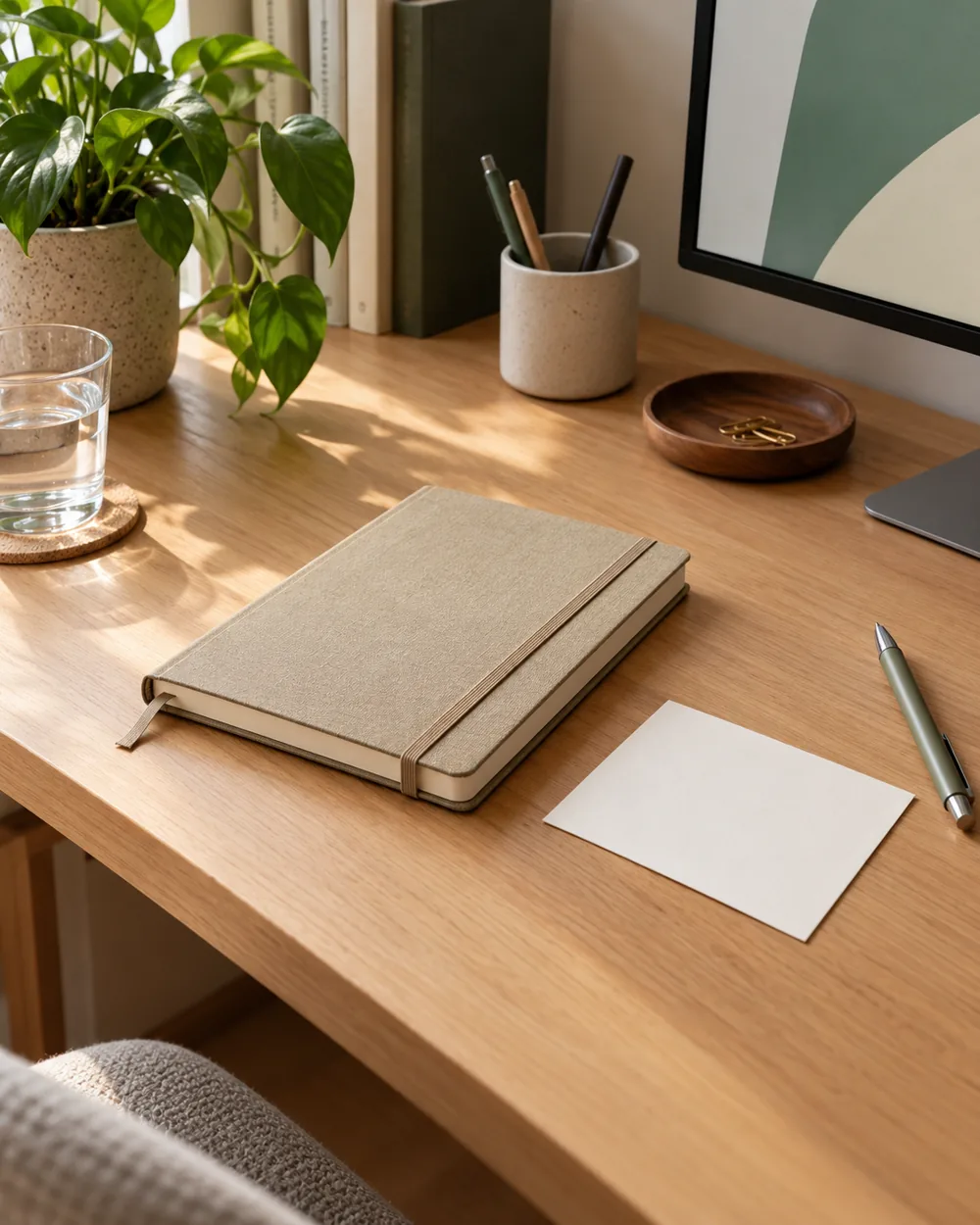 closed notebook with blank summary card beside calm clear workspace