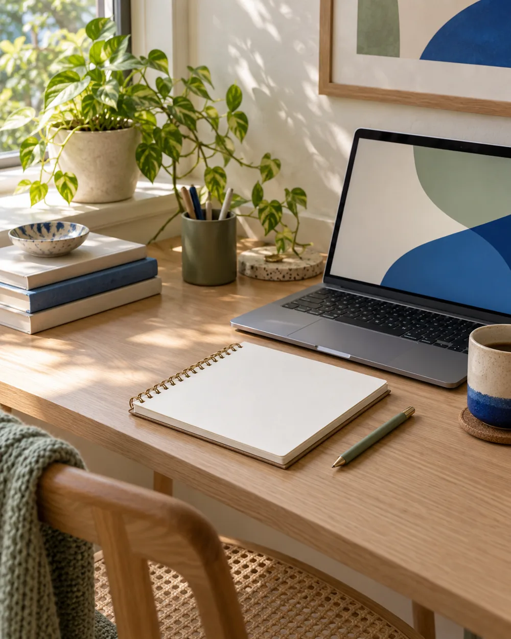 blank photo index notebook beside plain laptop abstract screen