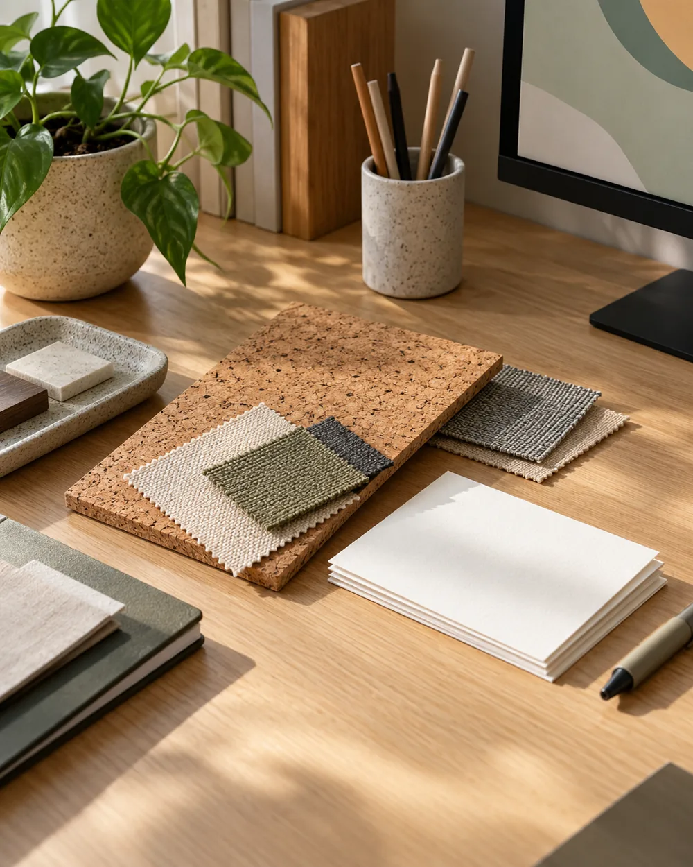 plain cork wood and fabric samples beside blank note cards on desk