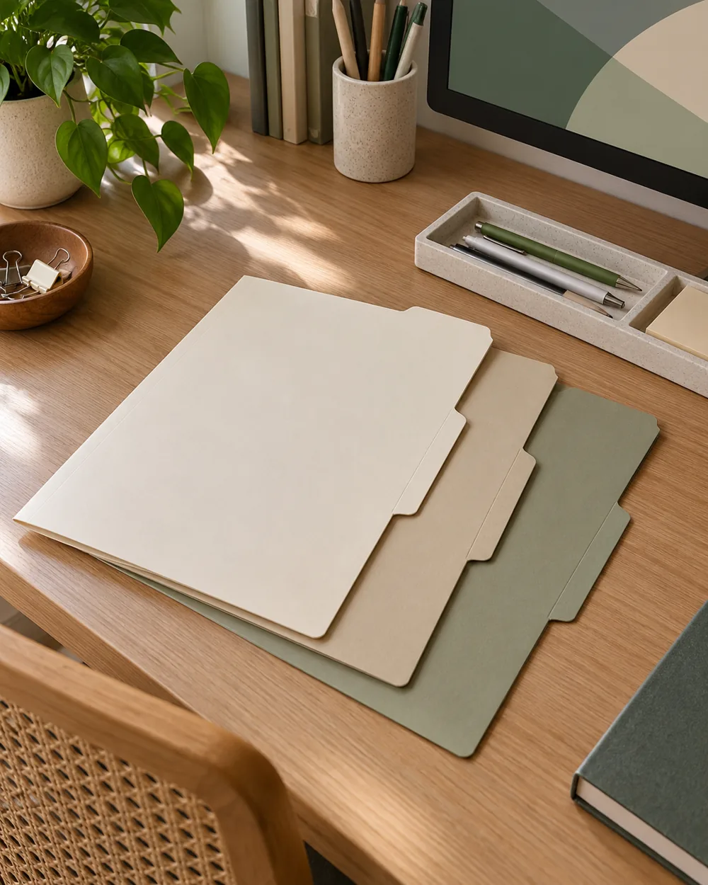 three plain blank folders on desk with simple pen tray